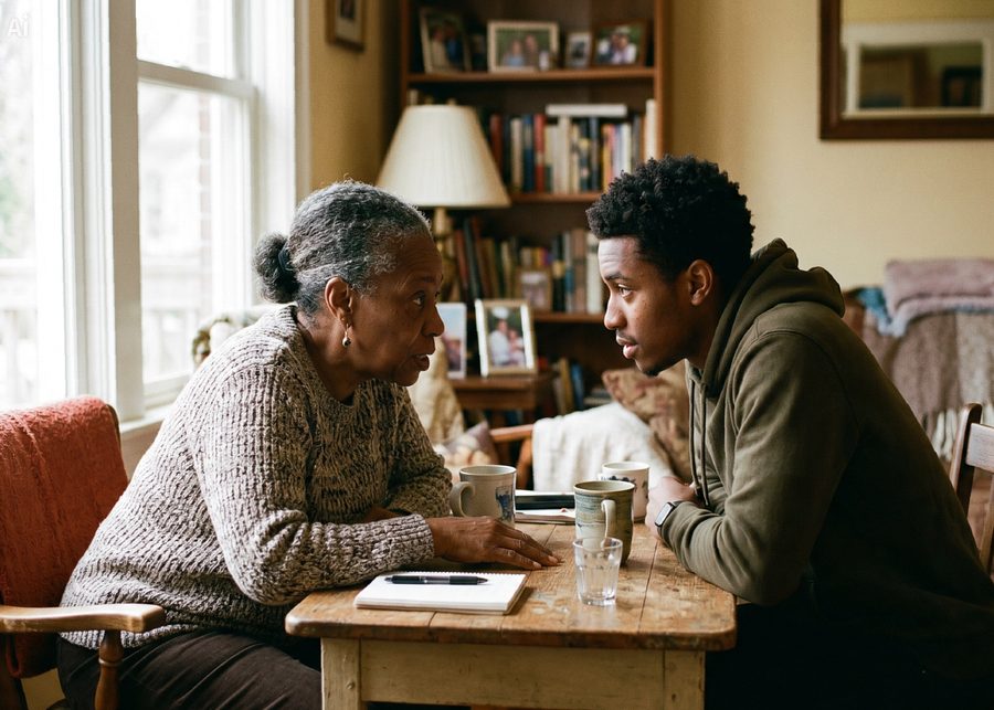 An elder and a young man talking